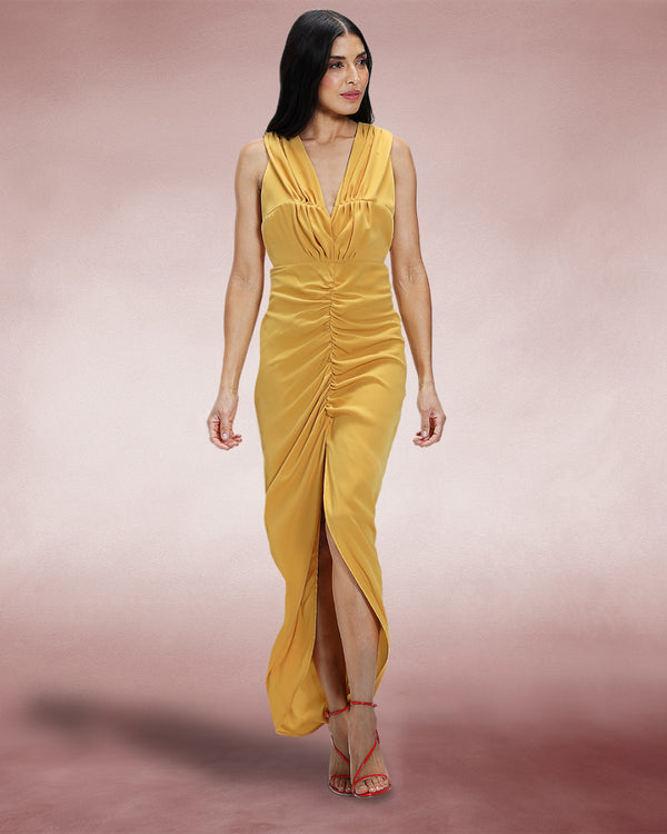 hot squash Deep V-Neck Ruched Dress Yellow