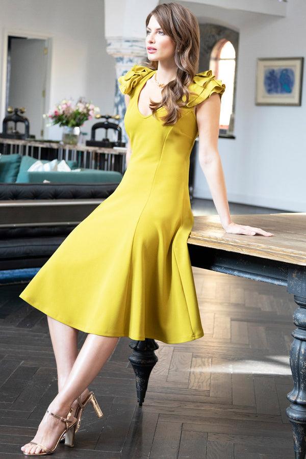 Hot Squash Frill Sleeve A-Line Dress Lime