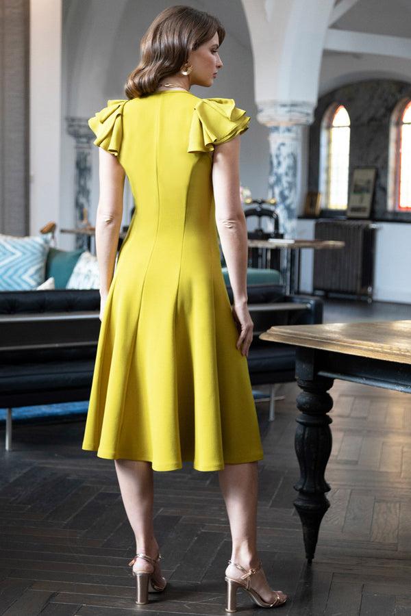 Hot Squash Frill Sleeve A-Line Dress Lime