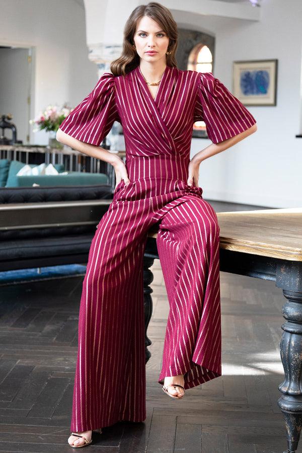 Hot Squash Gold Stripe Wide Leg Jumpsuit Wine/Gold