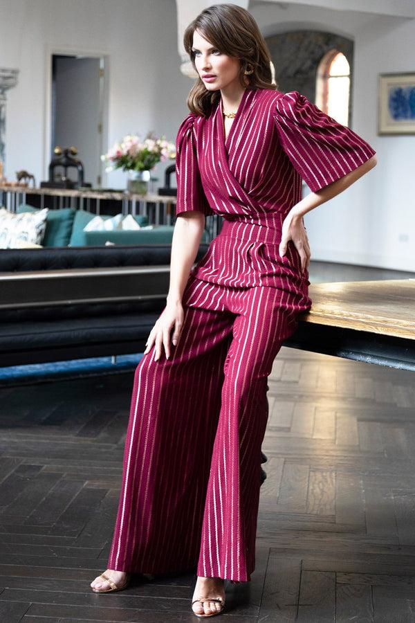 Hot Squash Gold Stripe Wide Leg Jumpsuit Wine/Gold