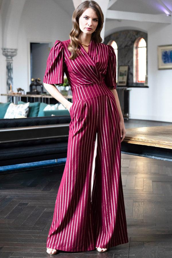 Hot Squash Gold Stripe Wide Leg Jumpsuit Wine/Gold