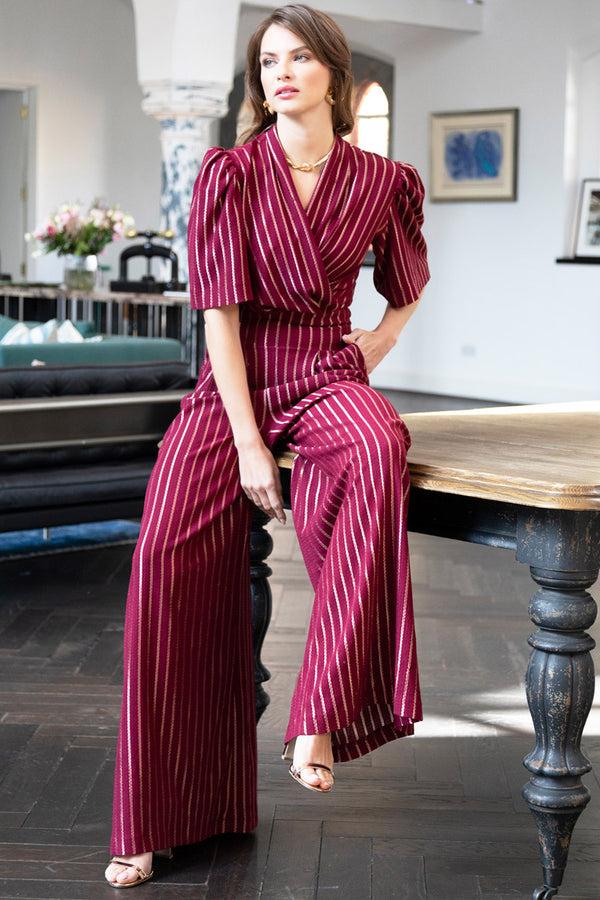 hot squash Gold Stripe Wide Leg Jumpsuit Wine/Gold