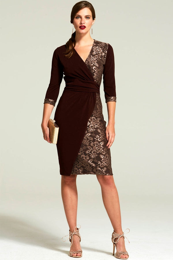hot squash Lace Detail Jersey Wrap Dress Chocolate
