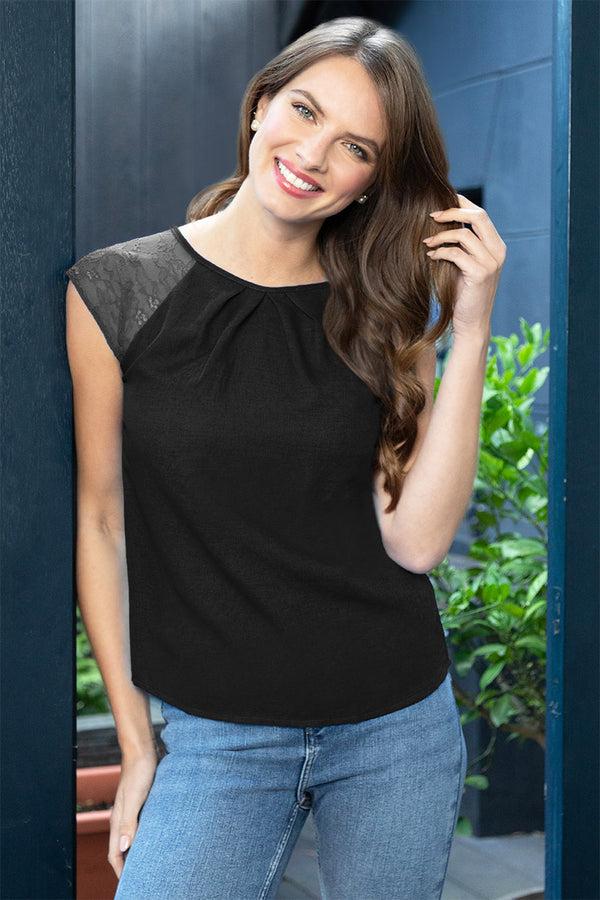 hot squash Lace Sleeved Crepe Top Black