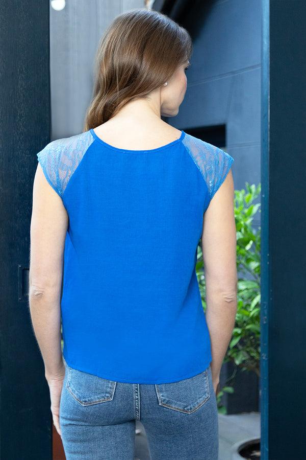 Hot Squash Lace Sleeved Crepe Top Cobalt