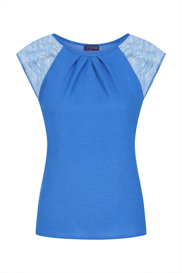 Hot Squash Lace Sleeved Crepe Top Cobalt