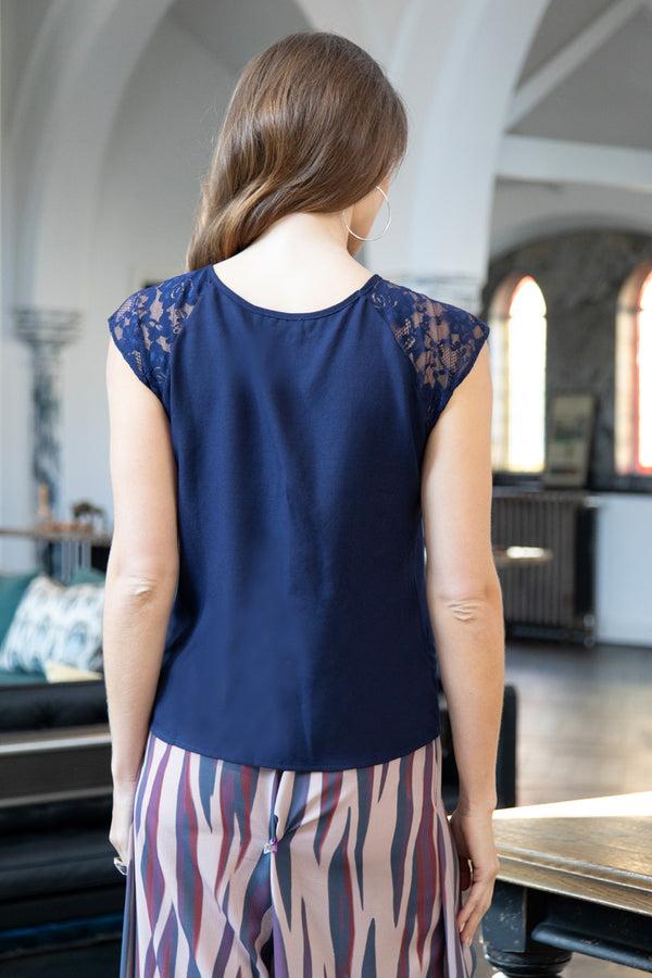 Hot Squash Lace Sleeved Crepe Top Navy