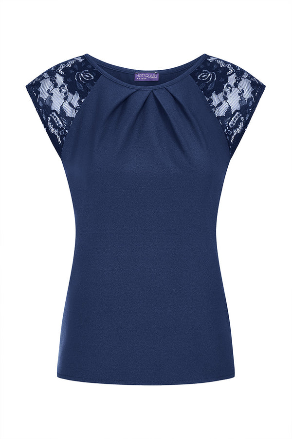 Hot Squash Lace Sleeved Crepe Top Navy