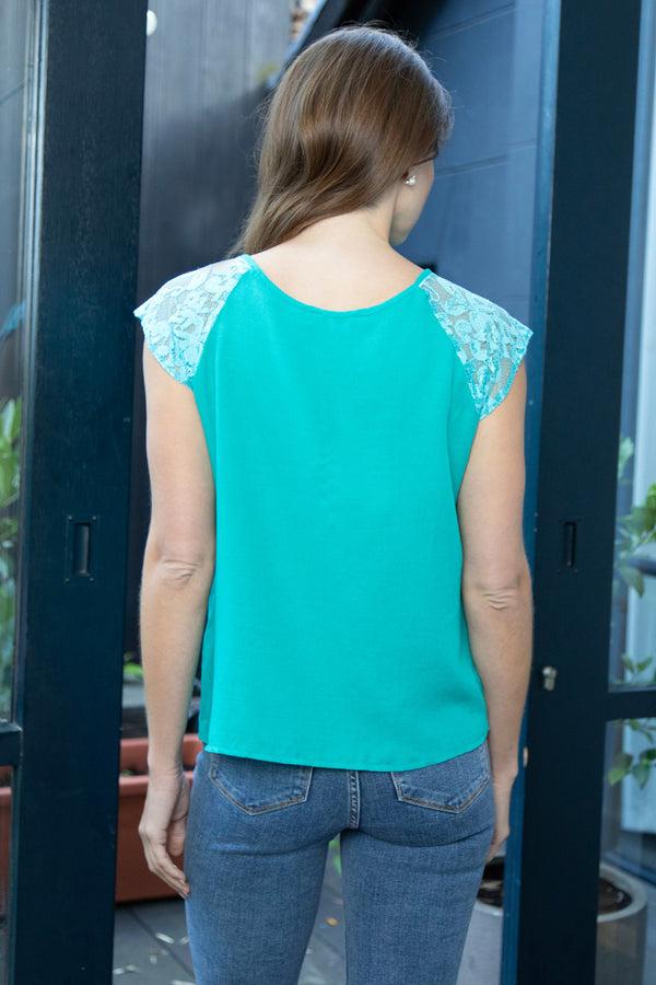 Hot Squash Lace Sleeved Crepe Top Turquoise