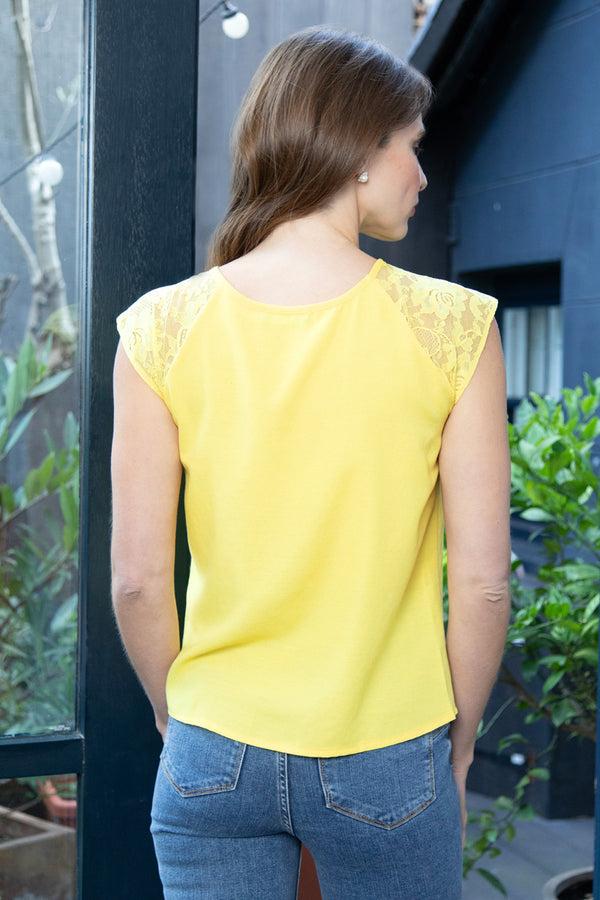 Hot Squash Lace Sleeved Crepe Top Yellow