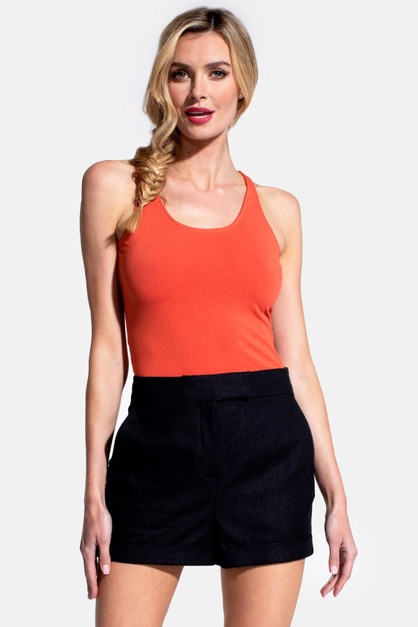 hot squash Linen Tailored Shorts with Pocket Black