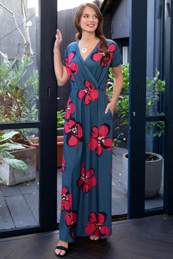 Hot Squash Maxi Dress Painterley Floral Teal / Coral