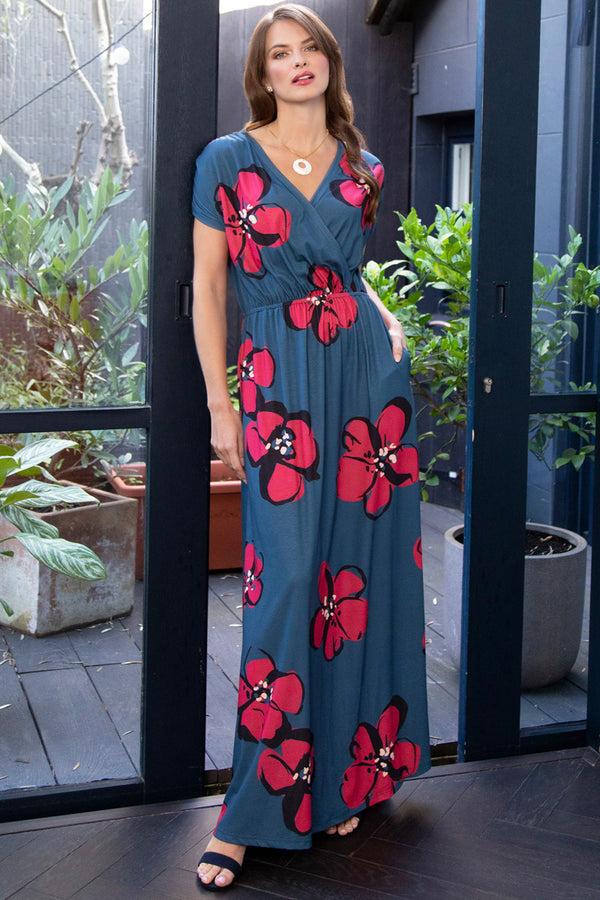 hot squash Maxi Dress Painterley Floral Teal / Coral