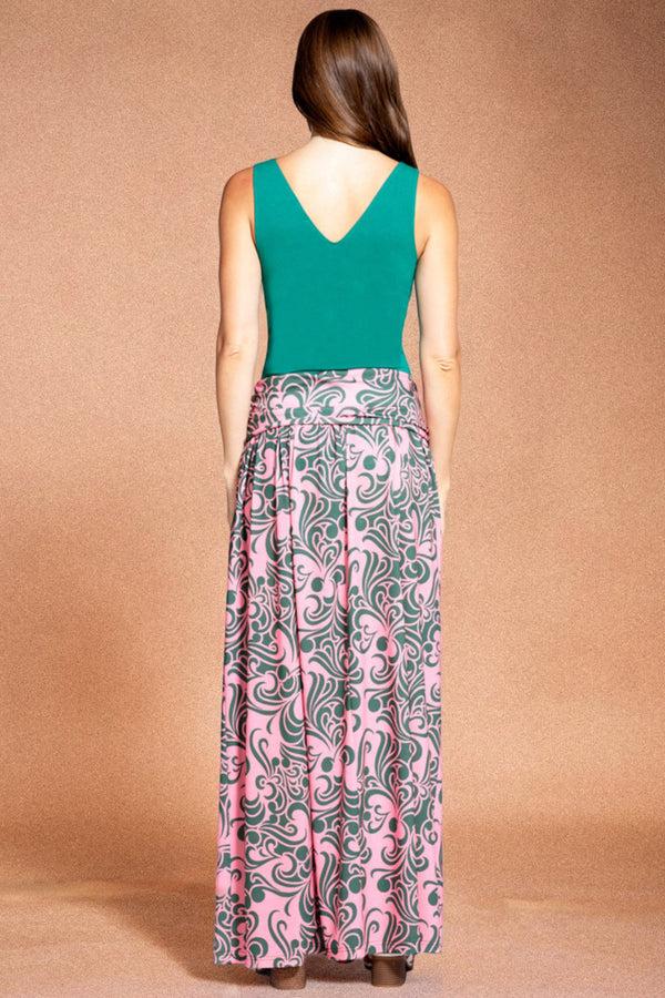 Hot Squash Maxi Skirt Retro Print Green / Pink