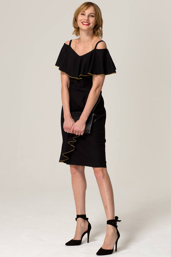 Hot Squash Metallic Trimmed Bardot Dress Black