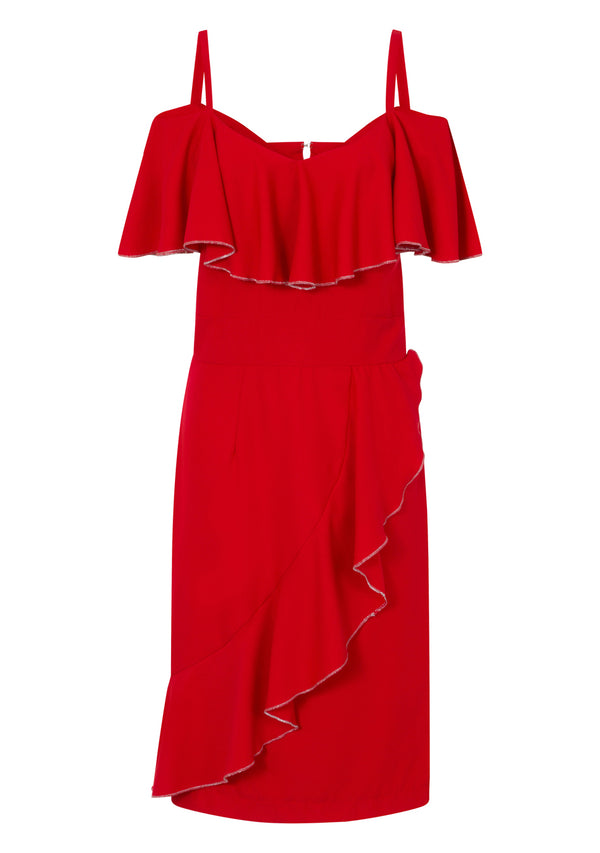 Hot Squash Metallic Trimmed Bardot Dress Red