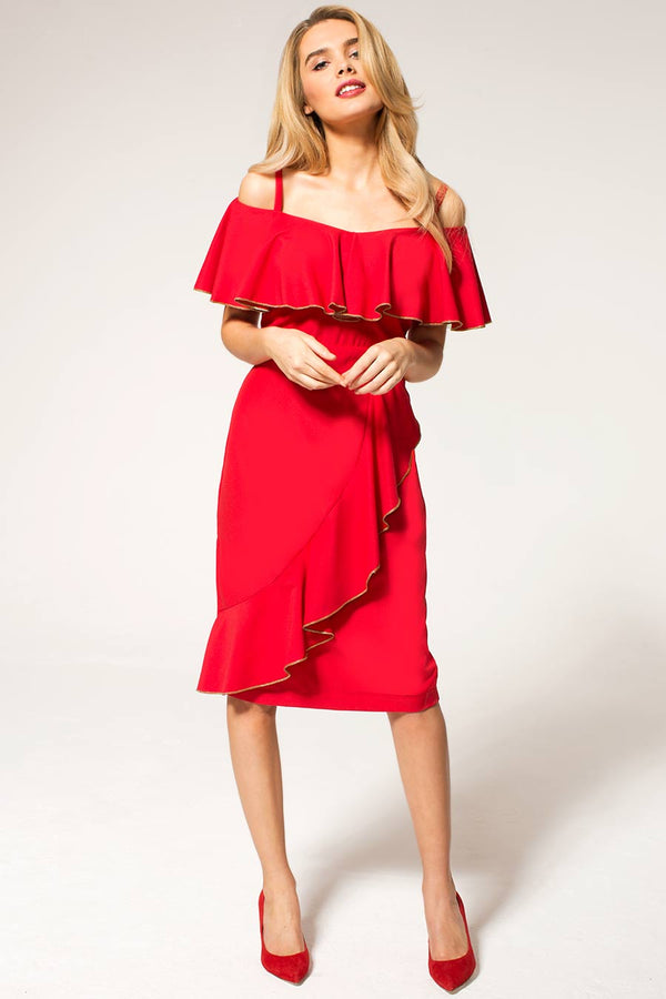 hot squash Metallic Trimmed Bardot Dress Red