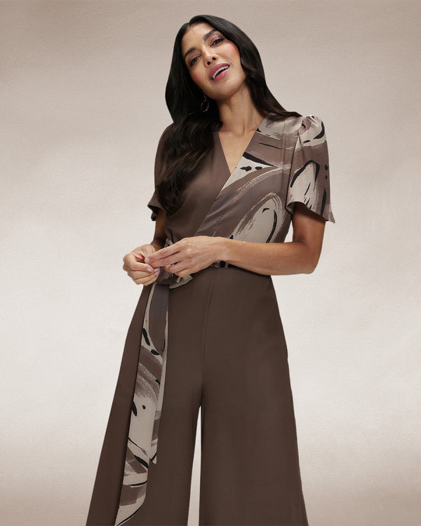 Hot Squash Overwrap Print Jumpsuit Khaki Swish
