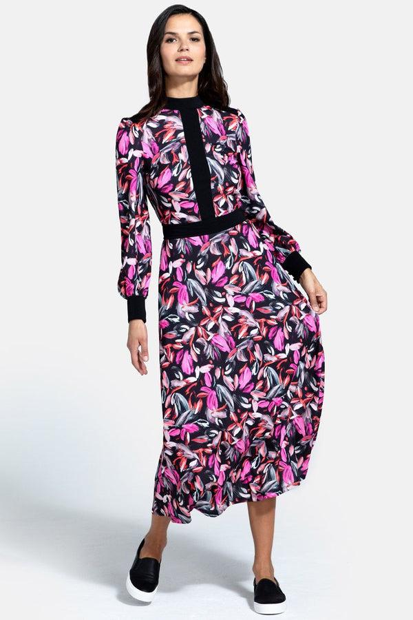 hot squash Panelled Midi Dress Tulip Print Fuchsia