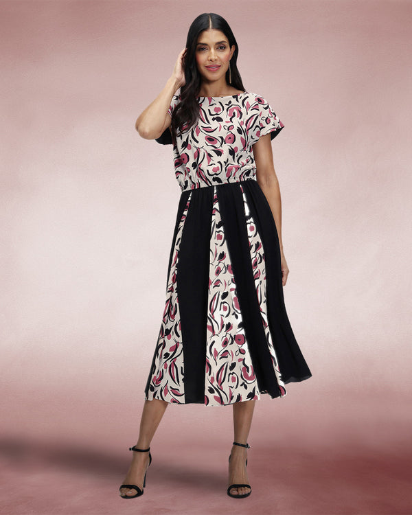 Hot Squash Pleated Midi Dress Cream / Pink Poppies