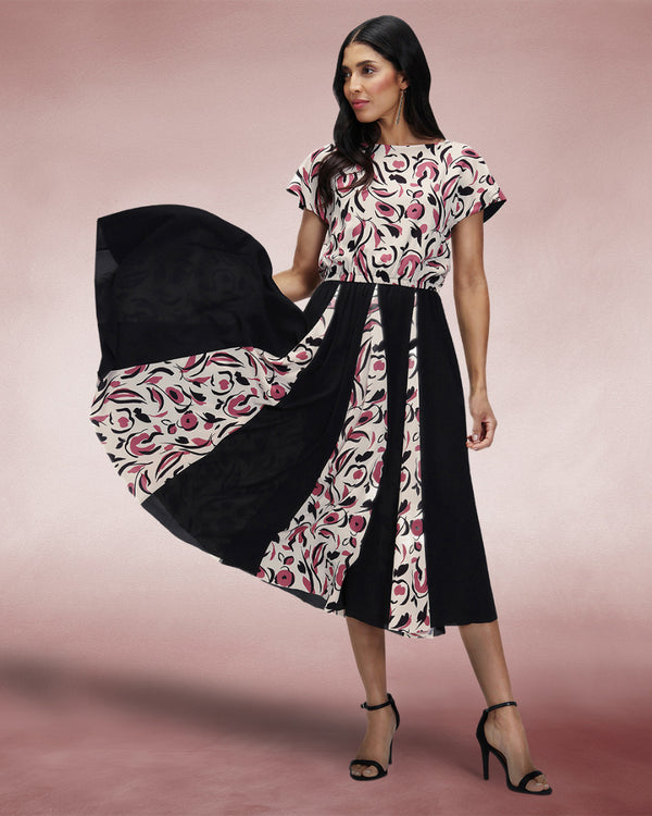 Hot Squash Pleated Midi Dress Cream / Pink Poppies