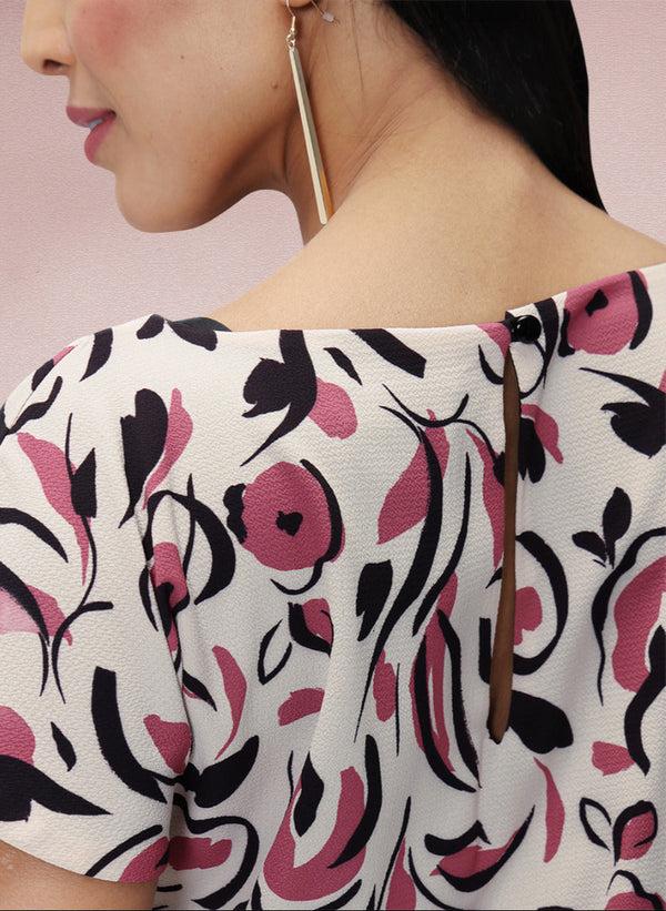 Hot Squash Pleated Midi Dress Cream / Pink Poppies