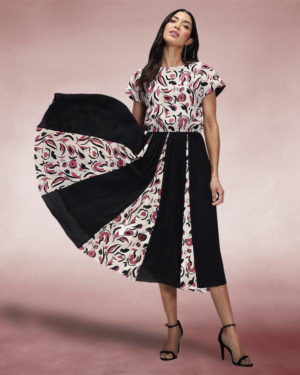 hot squash Pleated Midi Dress Cream / Pink Poppies