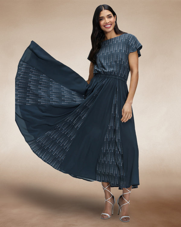 Hot Squash Pleated Midi Dress Teal Drops