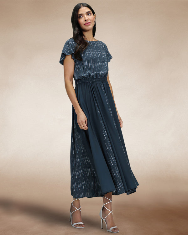 hot squash Pleated Midi Dress Teal Drops