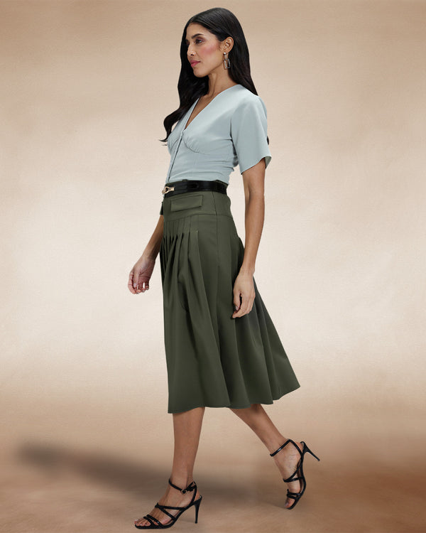 Hot Squash Pleated Utility Style Skirt Khaki