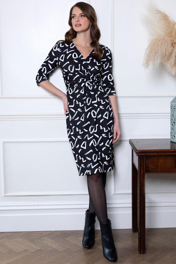 Hot Squash Printed Ascot Dress Black Brush Strokes