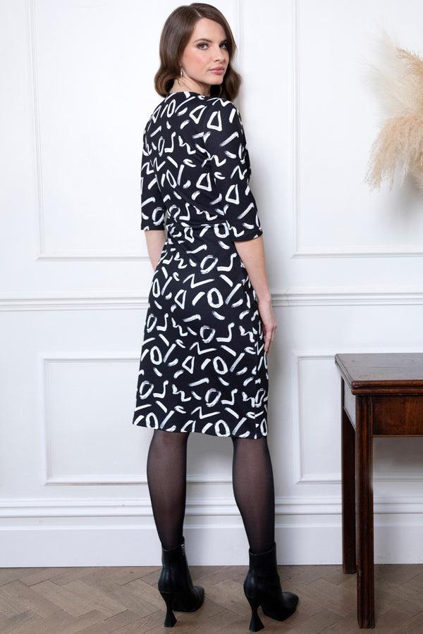 Hot Squash Printed Ascot Dress Black Brush Strokes