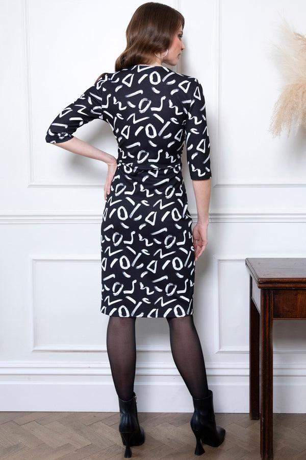 Hot Squash Printed Ascot Dress Black Brush Strokes