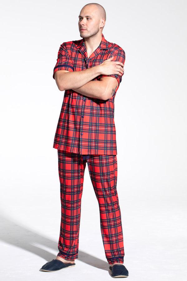 Hot Squash Red Tartan Jersey Mens Pyjama Set