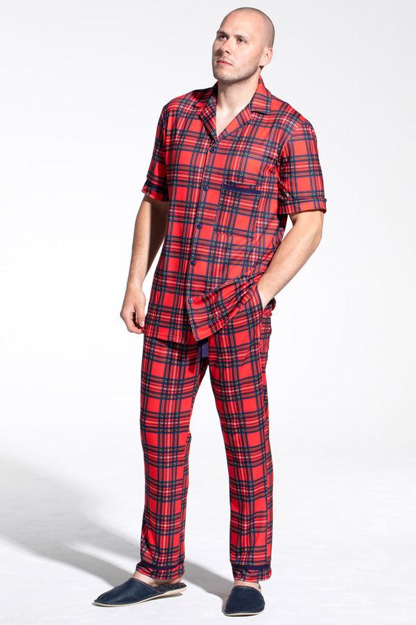Hot Squash Red Tartan Jersey Mens Pyjama Set
