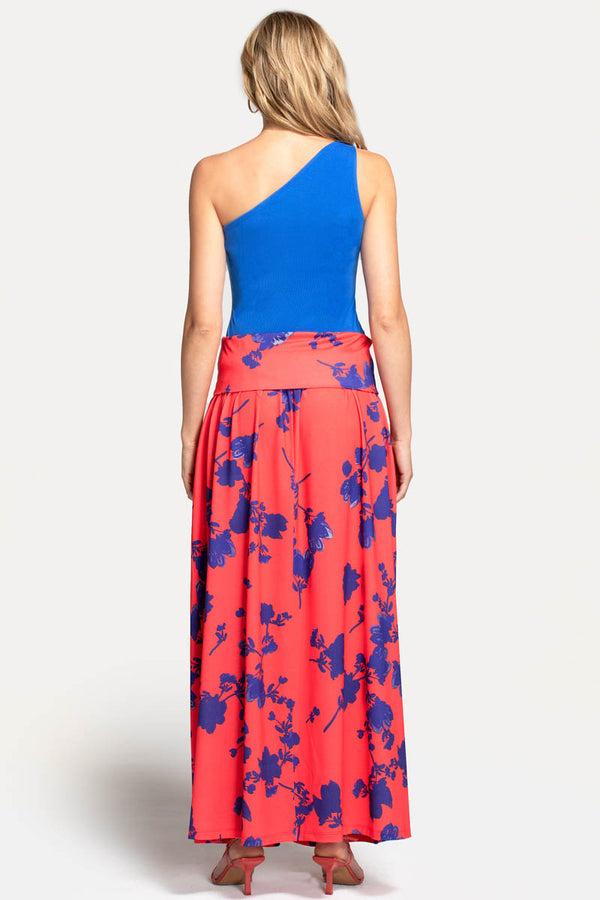Hot Squash Roll Top Maxi Skirt Blue Flower On Red