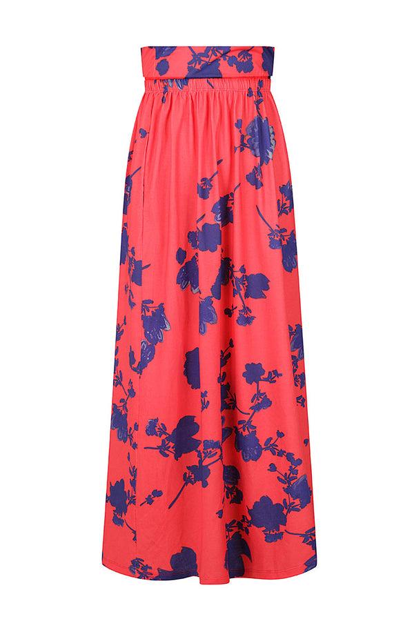Hot Squash Roll Top Maxi Skirt Blue Flower On Red