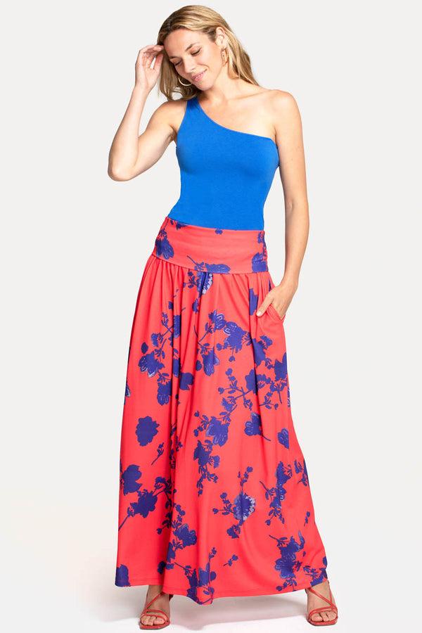 hot squash Roll Top Maxi Skirt Blue Flower on Red