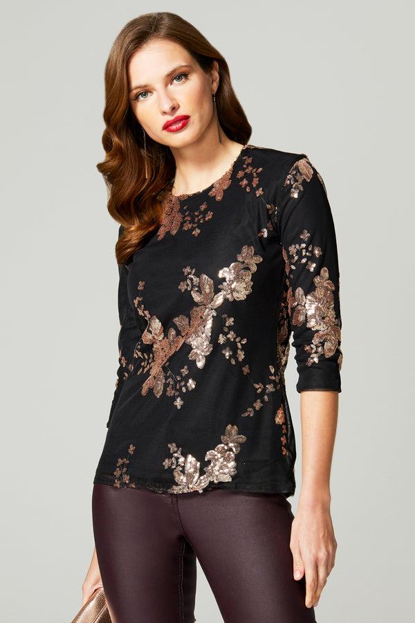 Hot Squash Sequin Party Top Gold Flowers