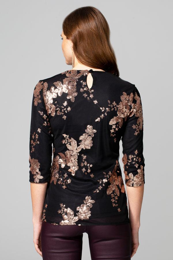 Hot Squash Sequin Party Top Gold Flowers