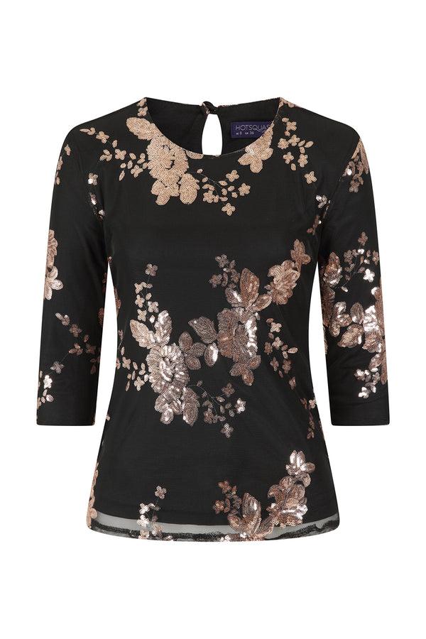 Hot Squash Sequin Party Top Gold Flowers