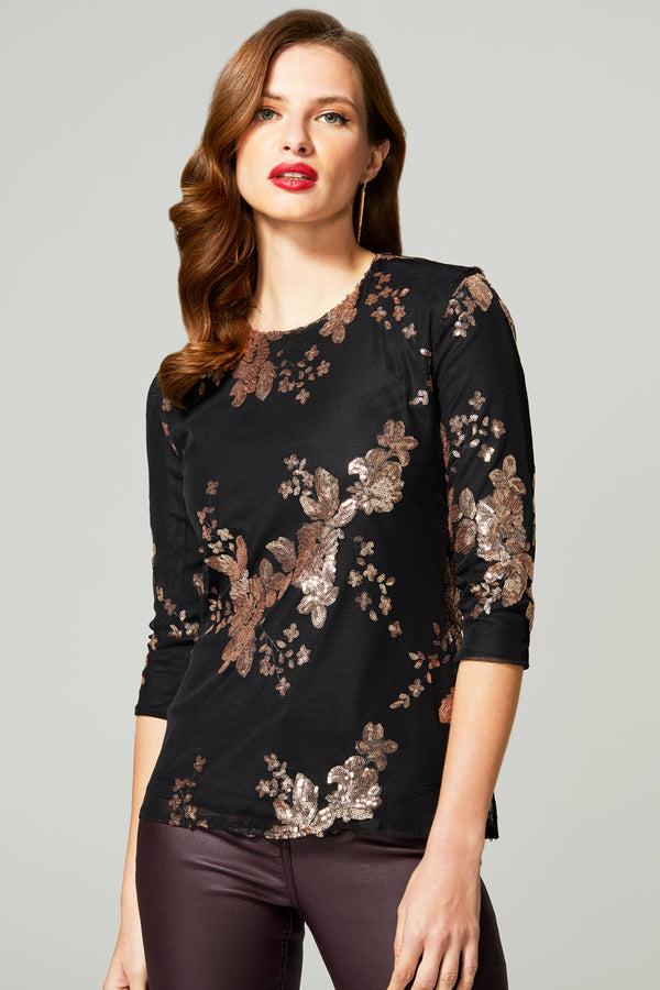 hot squash Sequin Party Top Gold Flowers