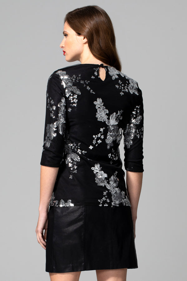 Hot Squash Sequin Party Top Silver Flowers