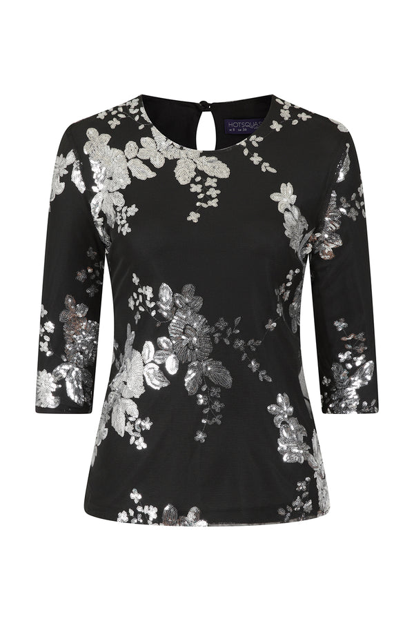 Hot Squash Sequin Party Top Silver Flowers