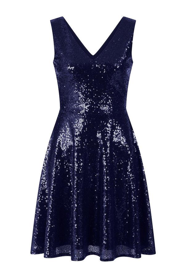 Hot Squash Sequin V Neck Fit And Flare Dress Navy
