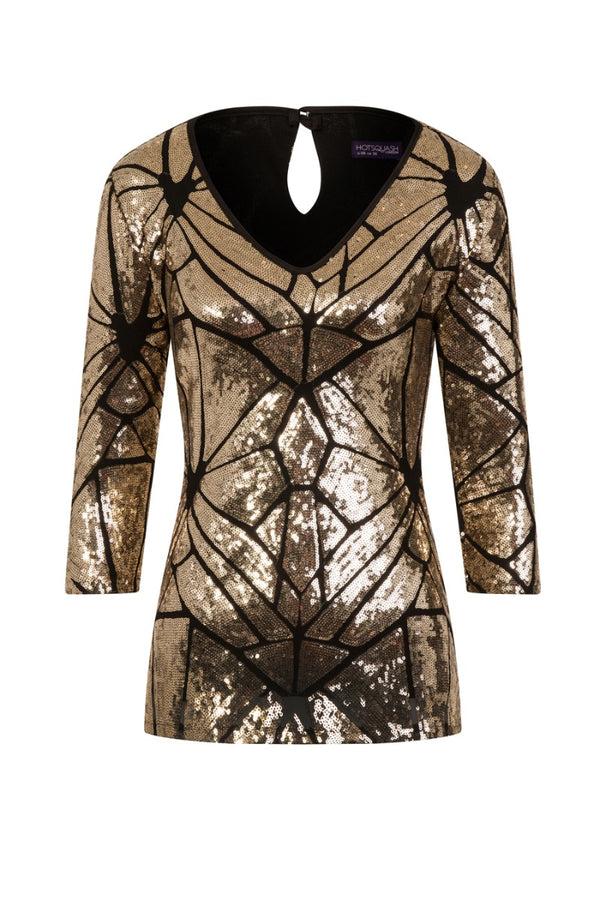 Hot Squash Sequin V Neck Top Gold