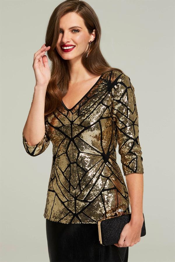hot squash Sequin V Neck Top Gold