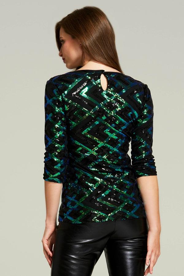 Hot Squash Sequin V Neck Top Green Zig-Zag
