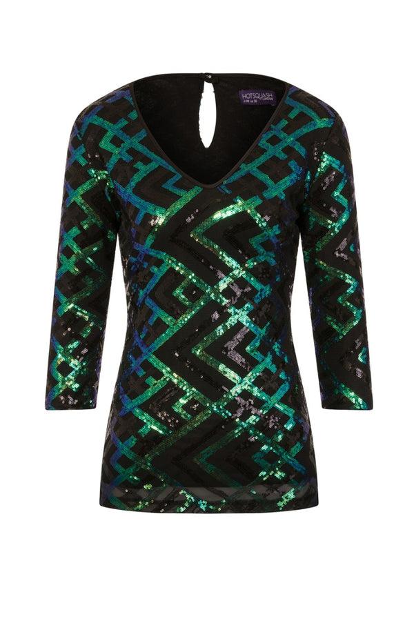 Hot Squash Sequin V Neck Top Green Zig-Zag